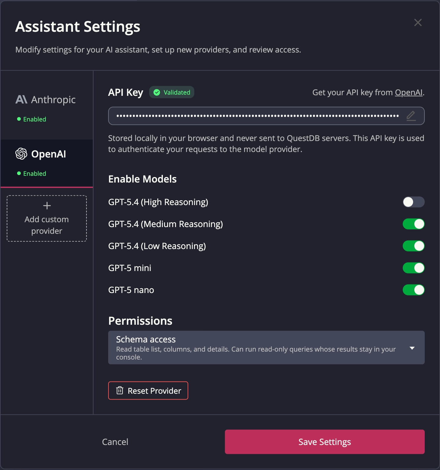 Settings modal for configuring the providers after initial setup